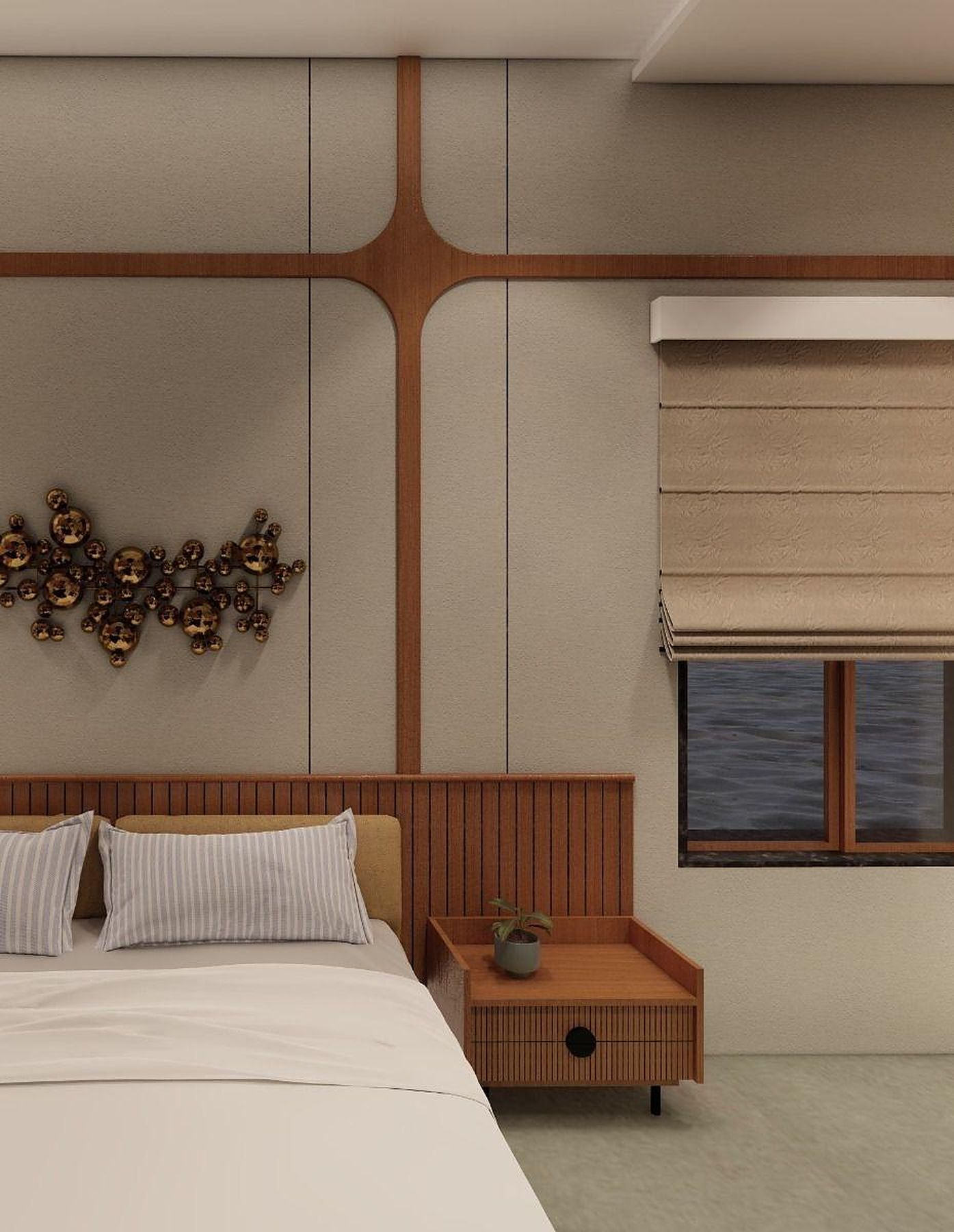 Render of a bedroom with a timber cross inlay on textured wall panels
